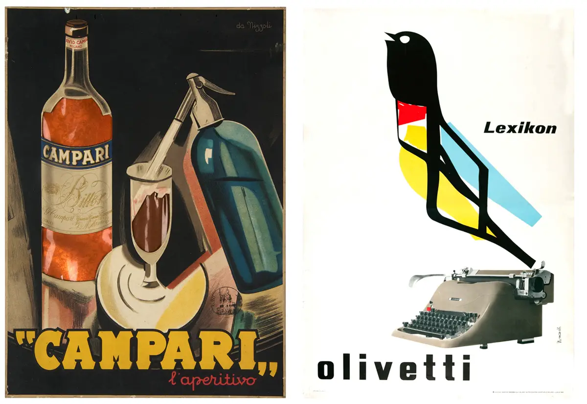 Grafiche pubblicitarie di Marcello Nizzoli per Campari e Olivetti